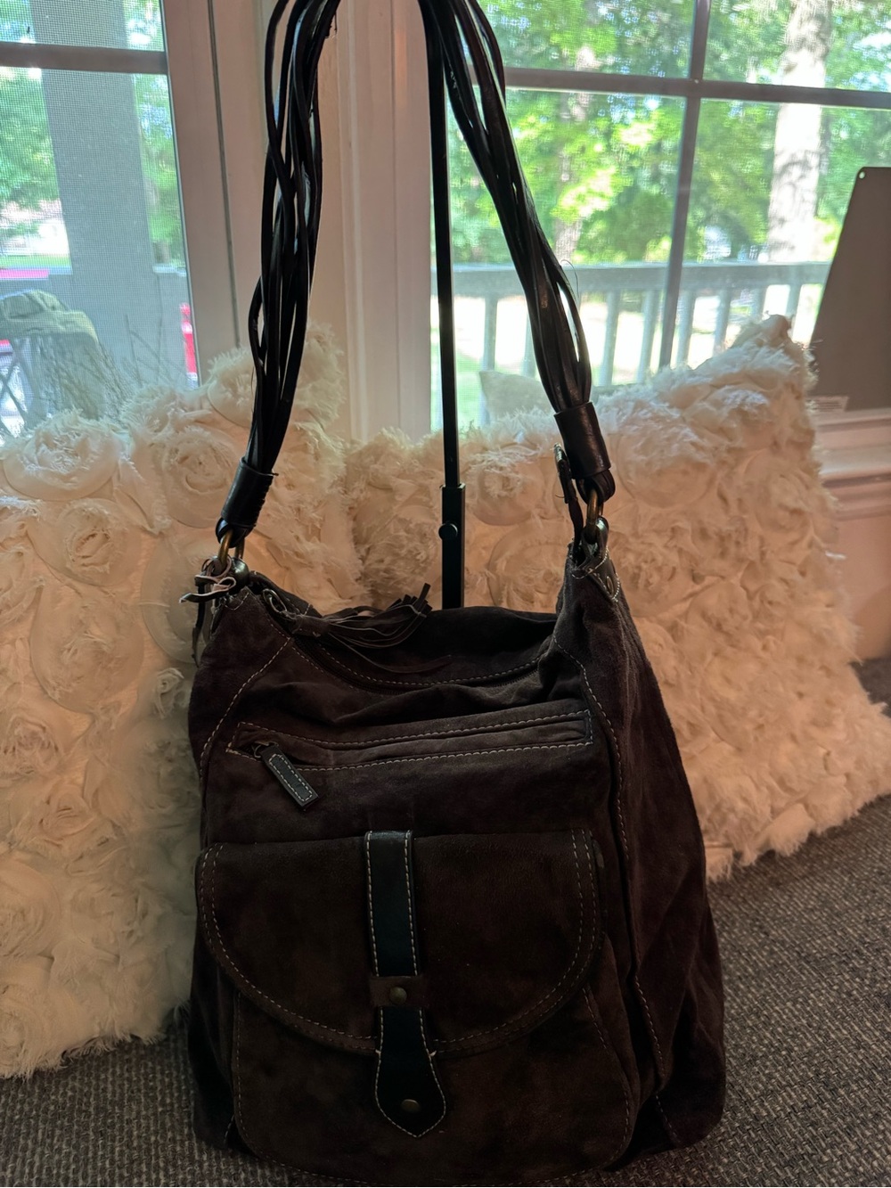 Coldwater Creek Dark Brown Suede Shoulder Bag with Braided Straps